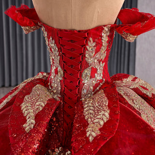 Ornate Red Gold Ball Gown with Gold Embroidery & Sequins Quinceanera Dress - Rosymae