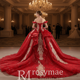 Ornate Red Gold Ball Gown with Gold Embroidery & Sequins Quinceanera Dress - Rosymae