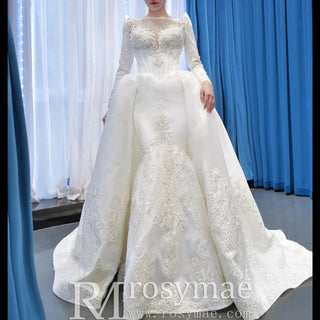 Overskirt Lace Appliqued Satin Wedding Dress with Long Sleeves - Rosymae