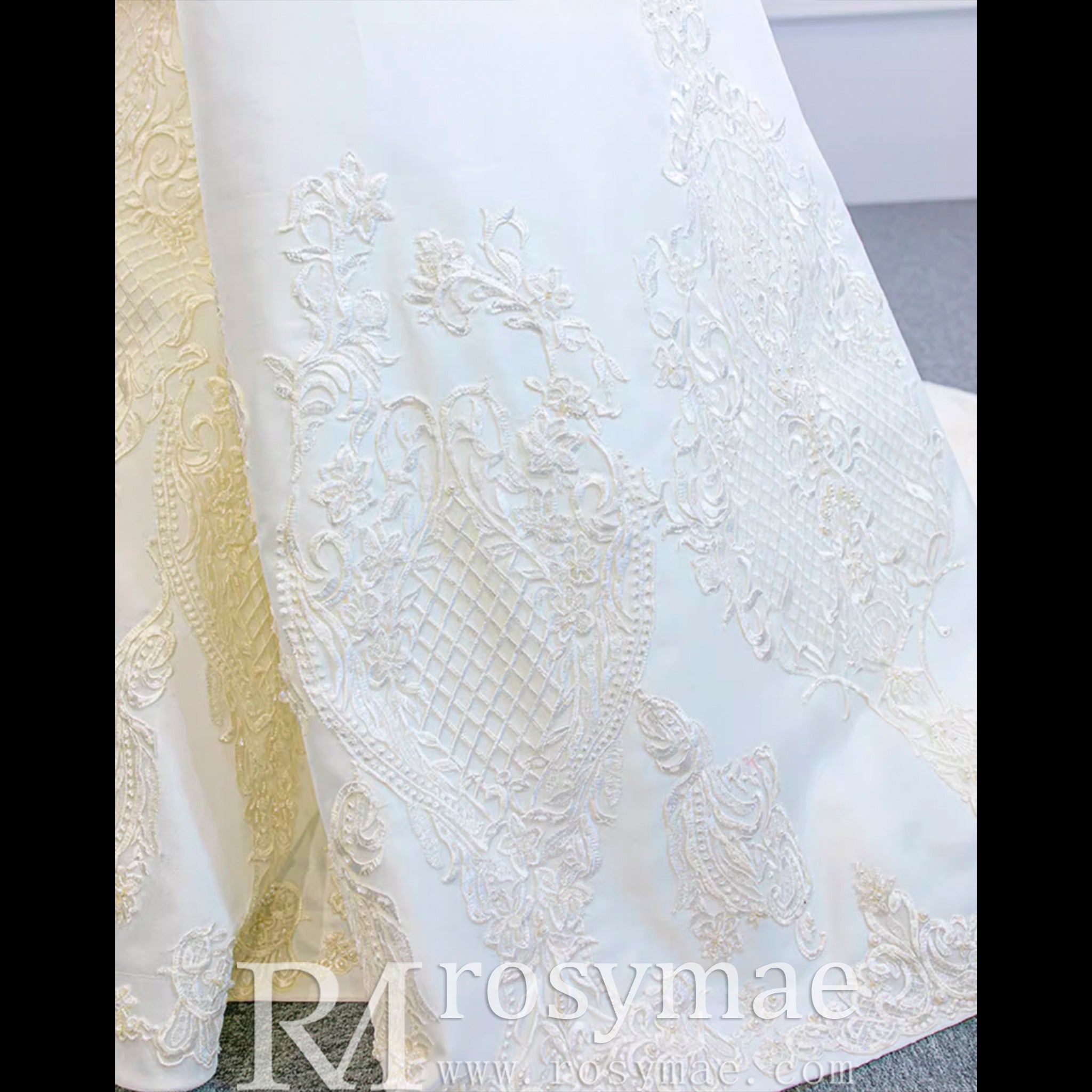 Overskirt Lace Appliqued Satin Wedding Dress with Long Sleeves - Rosymae