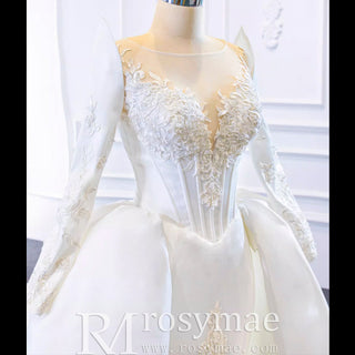 Overskirt Lace Appliqued Satin Wedding Dress with Long Sleeves - Rosymae