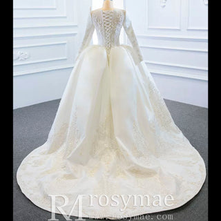 Overskirt Lace Appliqued Satin Wedding Dress with Long Sleeves - Rosymae