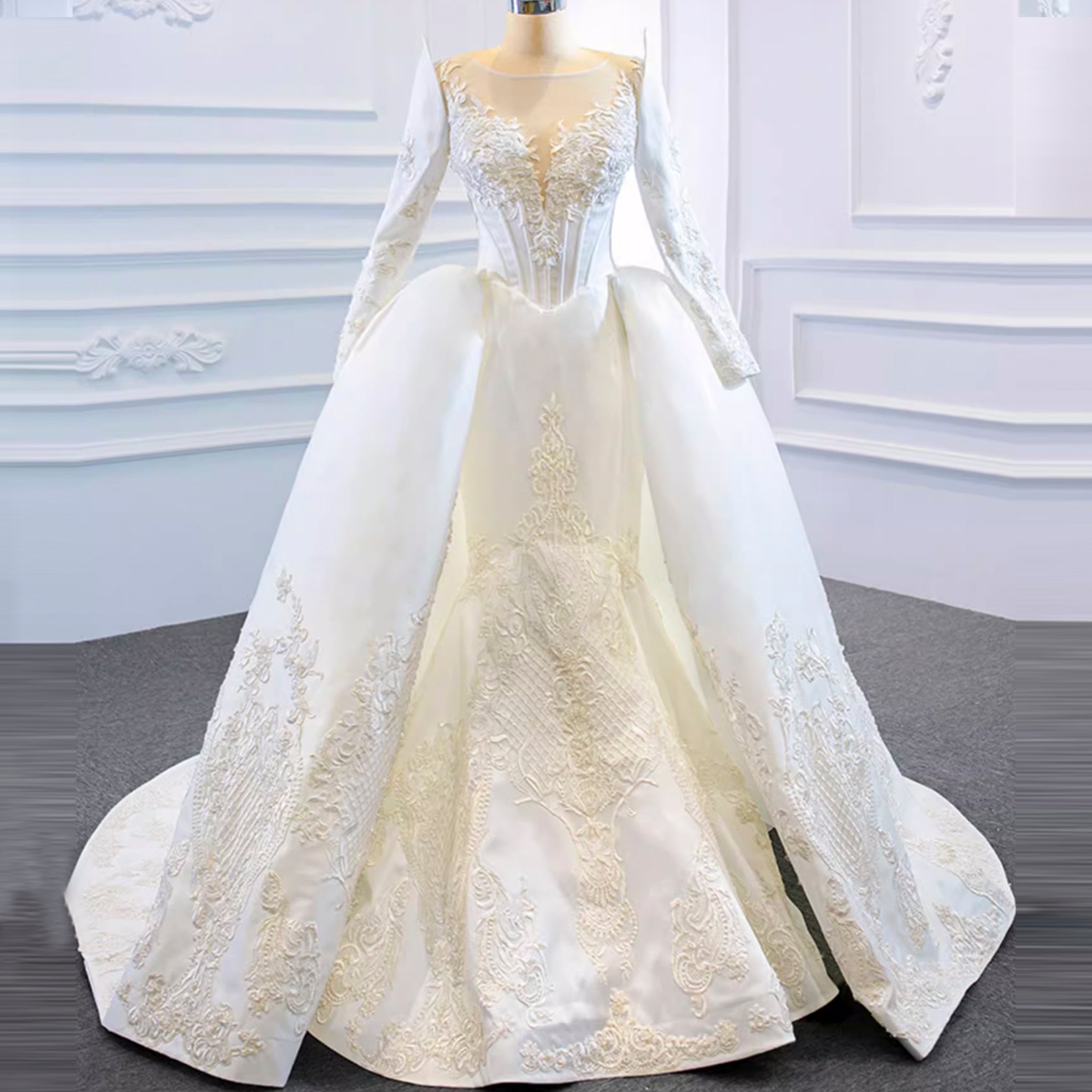 Overskirt Lace Appliqued Satin Wedding Dress with Long Sleeves - Rosymae