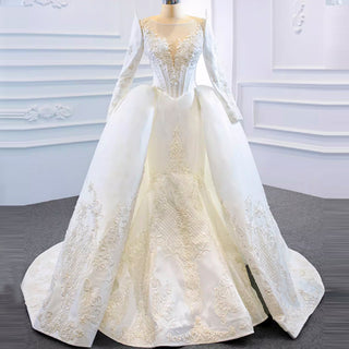 Overskirt Lace Appliqued Satin Wedding Dress with Long Sleeves - Rosymae