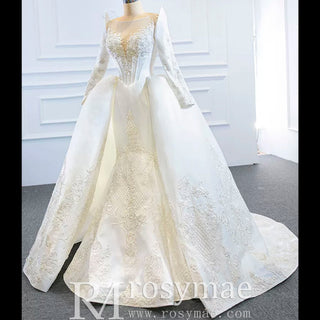 Overskirt Lace Appliqued Satin Wedding Dress with Long Sleeves - Rosymae