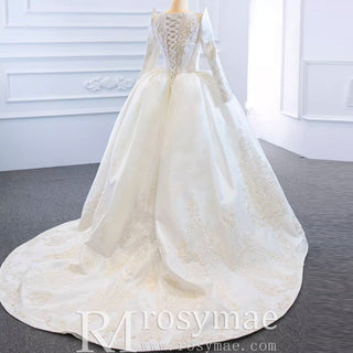 Overskirt Lace Appliqued Satin Wedding Dress with Long Sleeves - Rosymae
