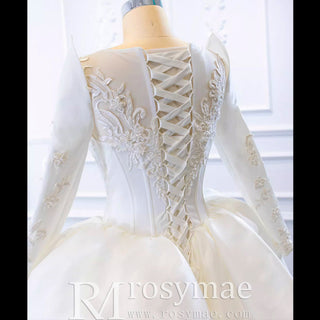 Overskirt Lace Appliqued Satin Wedding Dress with Long Sleeves - Rosymae