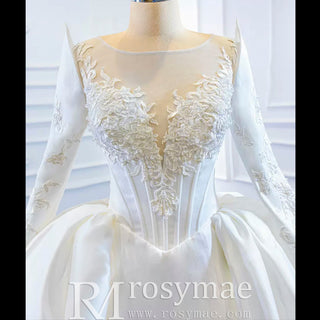 Overskirt Lace Appliqued Satin Wedding Dress with Long Sleeves - Rosymae
