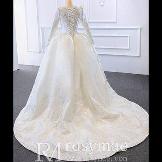 Overskirt Lace Appliqued Satin Wedding Dress with Long Sleeves - Rosymae