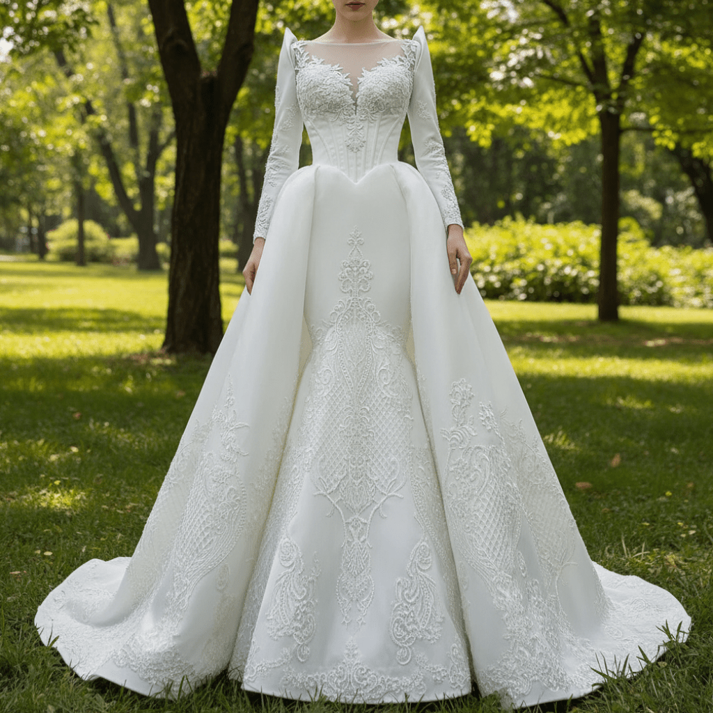 Overskirt Lace Appliqued Satin Wedding Dress with Long Sleeves - Rosymae
