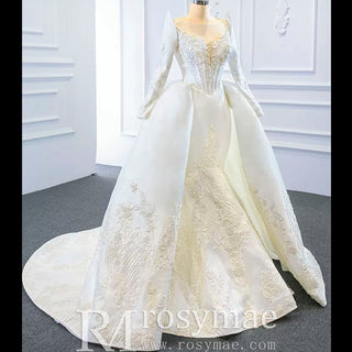 Overskirt Lace Appliqued Satin Wedding Dress with Long Sleeves - Rosymae