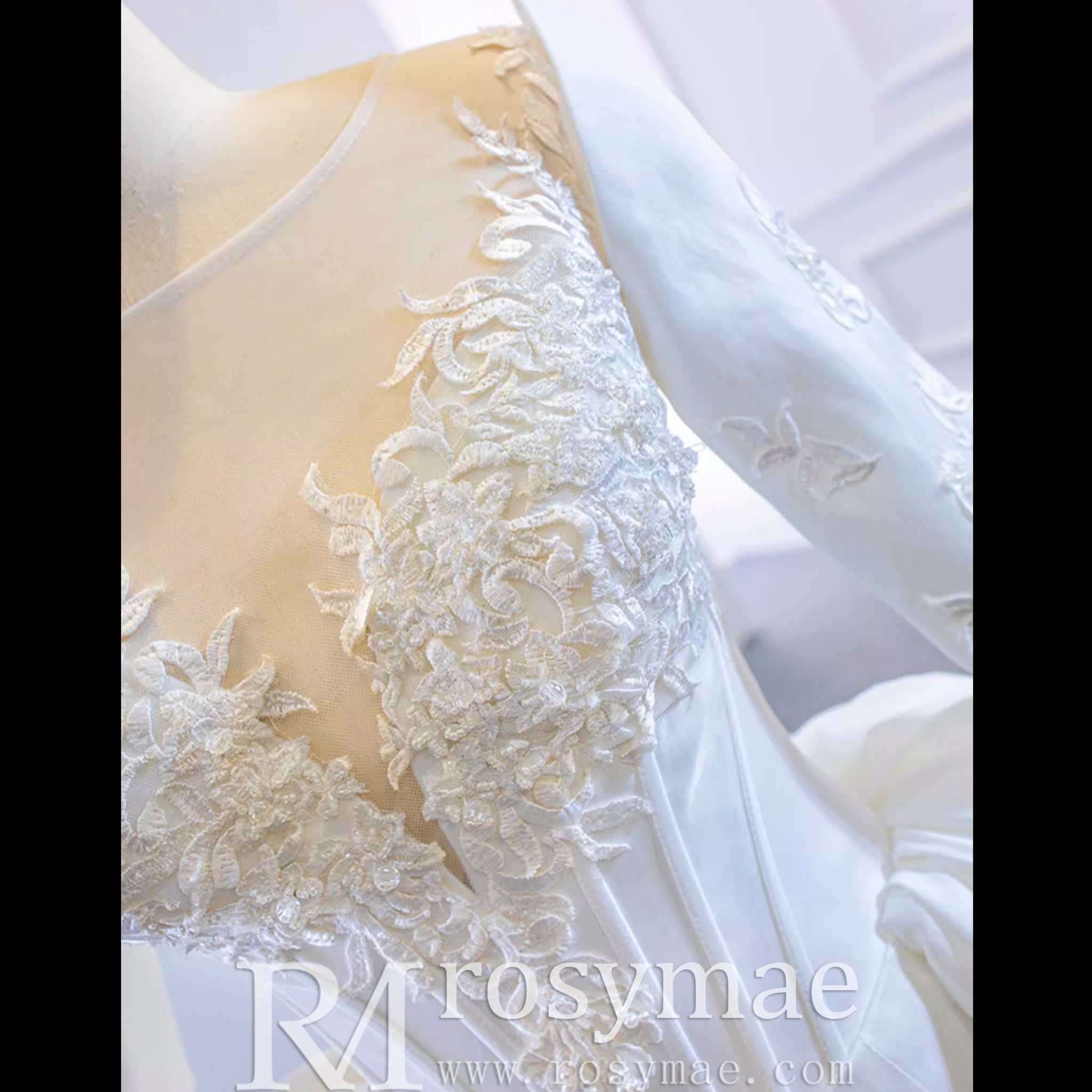 Overskirt Lace Appliqued Satin Wedding Dress with Long Sleeves - Rosymae
