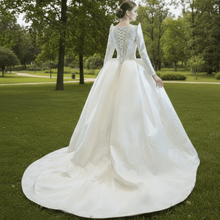 Overskirt Lace Appliqued Satin Wedding Dress with Long Sleeves - Rosymae