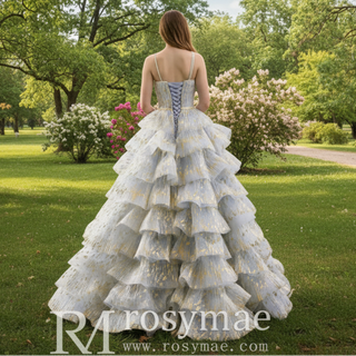 China Blue Cascading Ruffles Glitter Prom Dress Tulle Prom Formal Gown