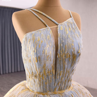 China Blue Cascading Ruffles Glitter Prom Dress Tulle Prom Formal Gown