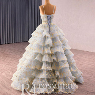 China Blue Cascading Ruffles Glitter Prom Dress Tulle Prom Formal Gown