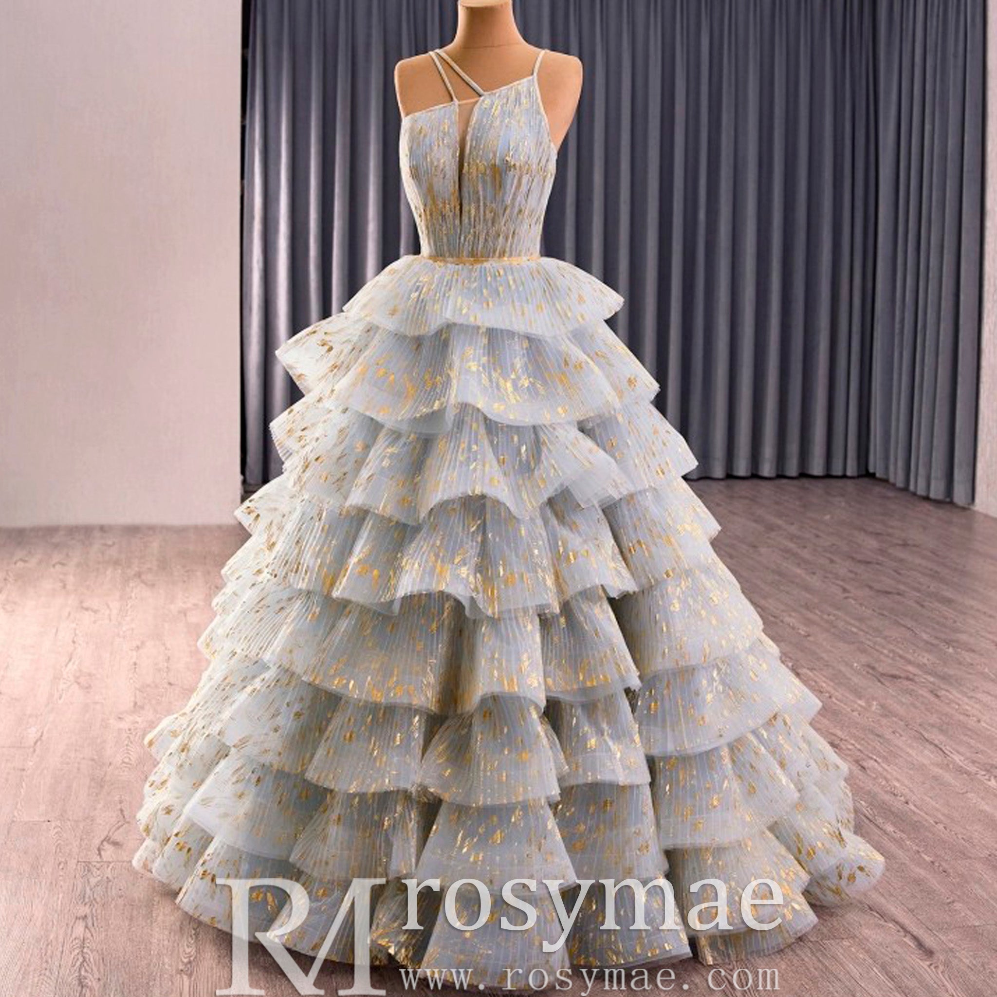 China Blue Cascading Ruffles Glitter Prom Dress Tulle Prom Formal Gown Rosymae China Blue Cascading Ruffles Glitter Prom Dress Tulle Prom Formal Gown Rosymae