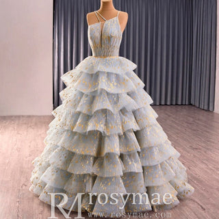 China Blue Cascading Ruffles Glitter Prom Dress Tulle Prom Formal Gown