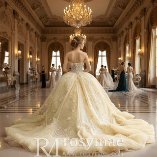 Pale Yellow 3D Floral Corset Ball Gown Quinceanera Dress with Detachable Puff Sleeves