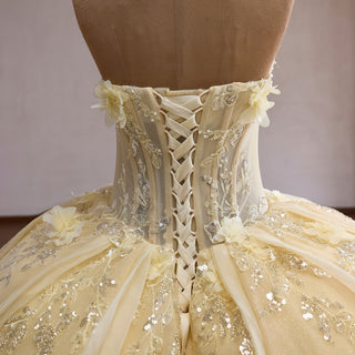 Pale Yellow 3D Floral Corset Ball Gown Quinceanera Dress with Detachable Puff Sleeves