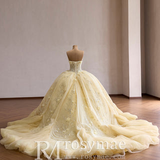 Pale Yellow 3D Floral Corset Ball Gown Quinceanera Dress with Detachable Puff Sleeves