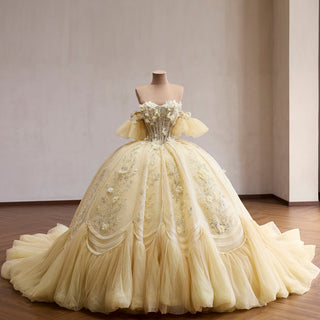 Pale Yellow 3D Floral Corset Ball Gown Quinceanera Dress with Detachable Puff Sleeves