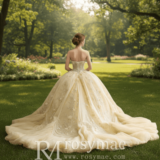 Pale Yellow 3D Floral Corset Ball Gown Quinceanera Dress with Detachable Puff Sleeves