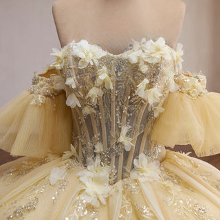 Pale Yellow 3D Floral Corset Ball Gown Quinceanera Dress with Detachable Puff Sleeves