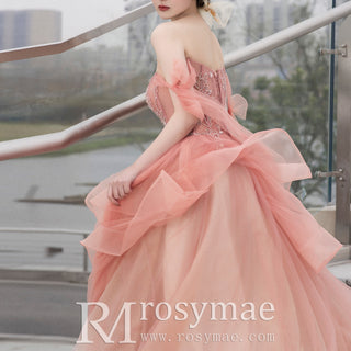 Peach A-line Evening Dresses Party Gowns with Flowy
