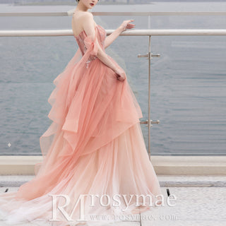 Peach A-line Evening Dresses Party Gowns with Flowy
