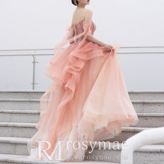 Peach A-line Evening Dresses Party Gowns with Flowy