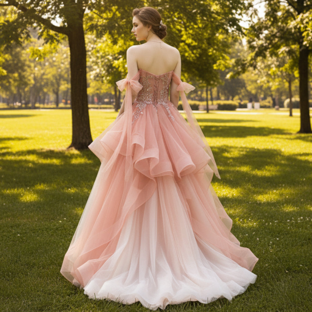 Peach A-line Evening Dresses Party Gowns with Flowy Rosymae Peach A-line Evening Dresses Party Gowns with Flowy Rosymae
