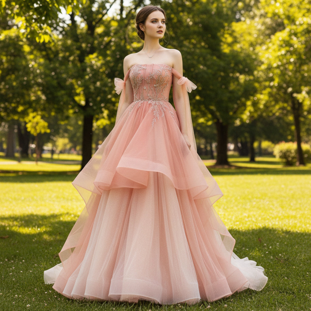 Peach A-line Evening Dresses Party Gowns with Flowy Peach / 12 Peach A-line Evening Dresses Party Gowns with Flowy Peach / 12