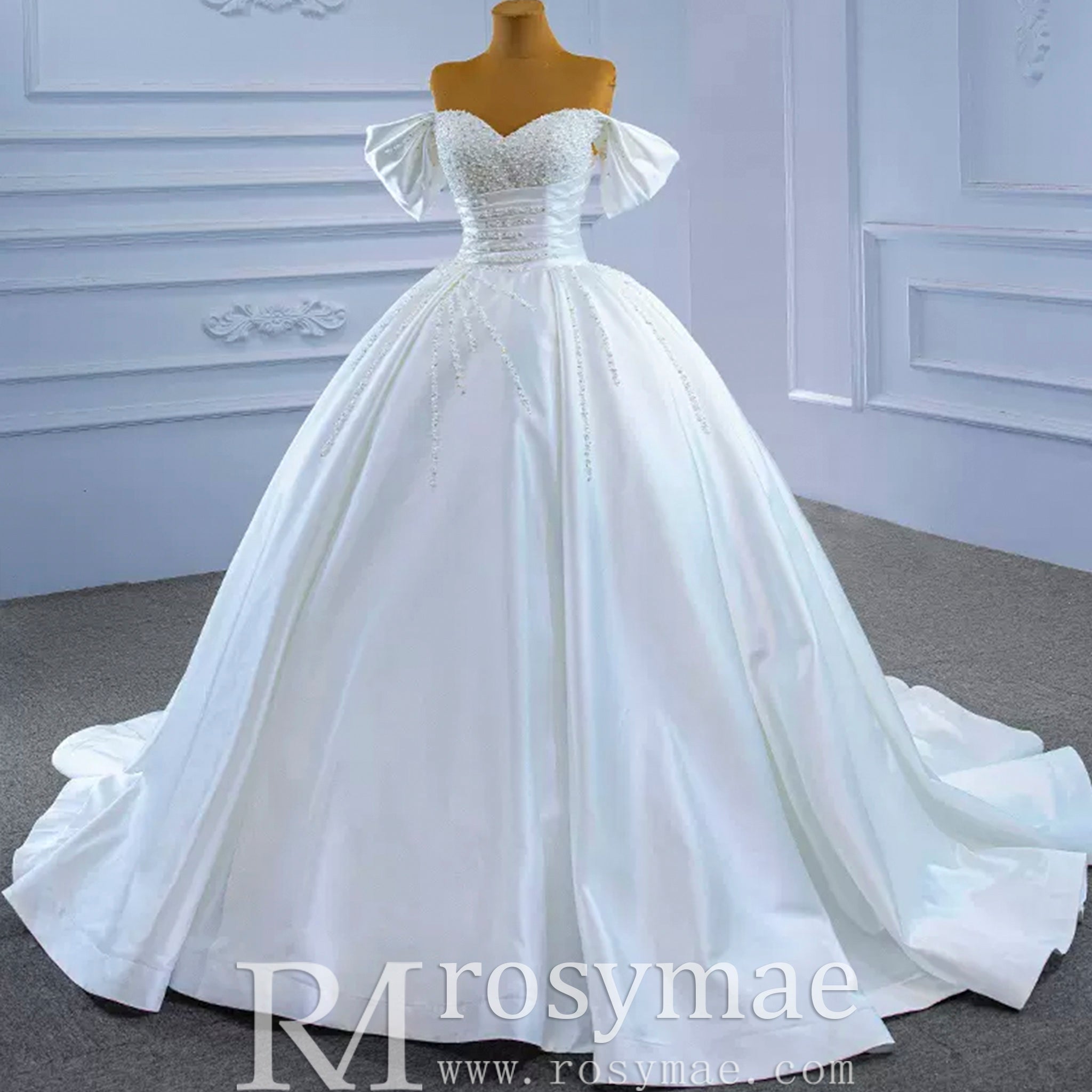Pearl Beaded Luxury Wedding Dress Off the Shoulder Bridal Gown - Rosymae