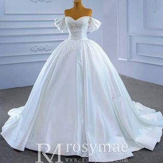 Pearl Beaded Luxury Wedding Dress Off the Shoulder Bridal Gown - Rosymae