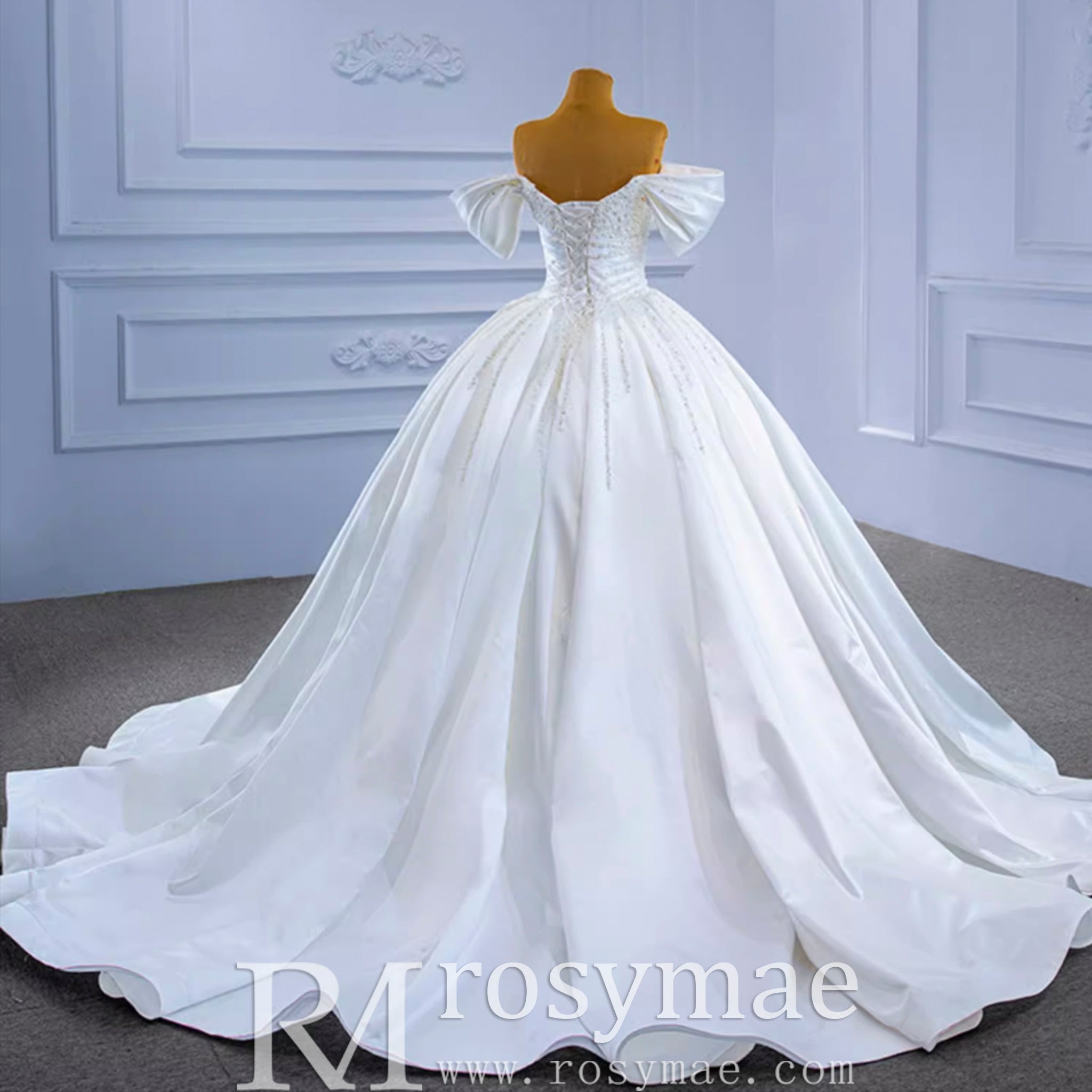 Pearl Beaded Luxury Wedding Dress Off the Shoulder Bridal Gown - Rosymae