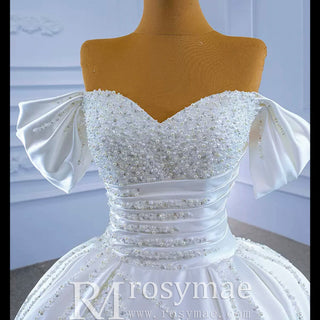 Pearl Beaded Luxury Wedding Dress Off the Shoulder Bridal Gown - Rosymae