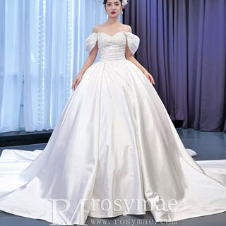 Pearl Beaded Luxury Wedding Dress Off the Shoulder Bridal Gown - Rosymae