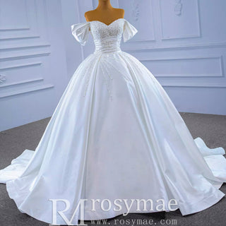 Pearl Beaded Luxury Wedding Dress Off the Shoulder Bridal Gown - Rosymae