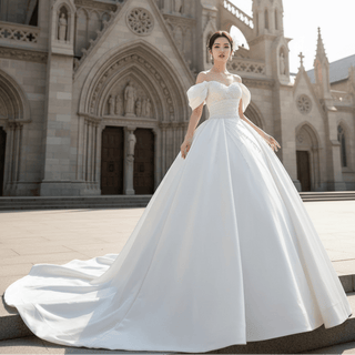 Pearl Beaded Luxury Wedding Dress Off the Shoulder Bridal Gown - Rosymae