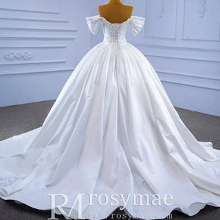 Pearl Beaded Luxury Wedding Dress Off the Shoulder Bridal Gown - Rosymae