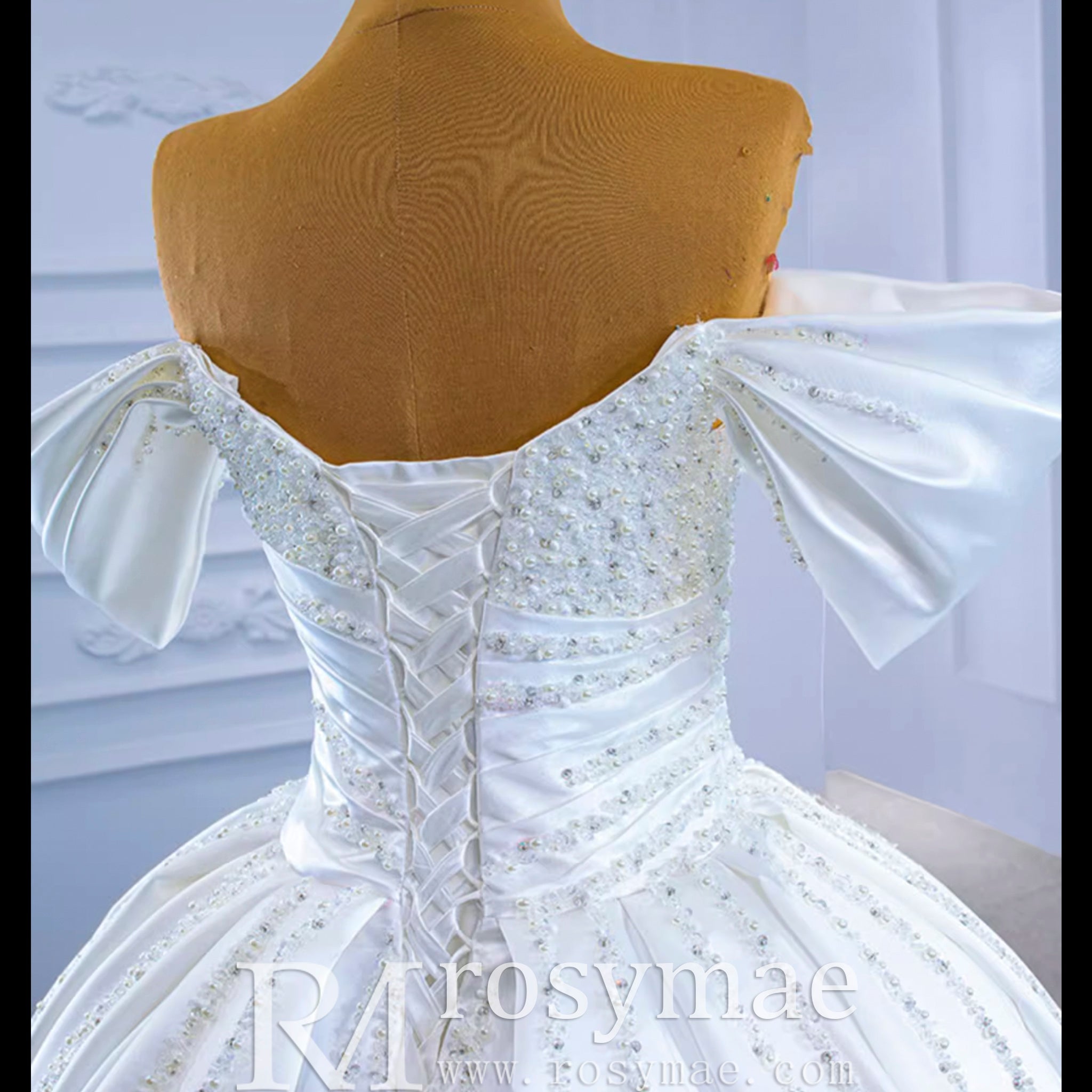 Pearl Beaded Luxury Wedding Dress Off the Shoulder Bridal Gown - Rosymae