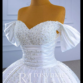 Pearl Beaded Luxury Wedding Dress Off the Shoulder Bridal Gown - Rosymae