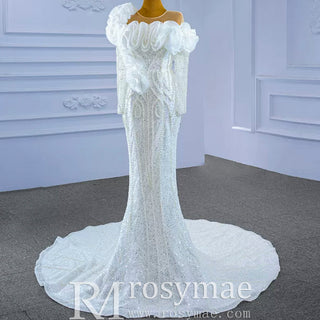 Pearl Beaded Mermaid Ruffle Wedding Dress with Long Sleeve - Rosymae