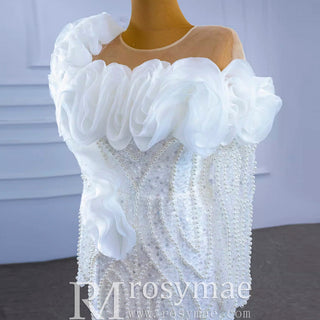 Pearl Beaded Mermaid Ruffle Wedding Dress with Long Sleeve - Rosymae