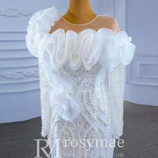 Pearl Beaded Mermaid Ruffle Wedding Dress with Long Sleeve - Rosymae