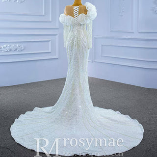 Pearl Beaded Mermaid Ruffle Wedding Dress with Long Sleeve - Rosymae