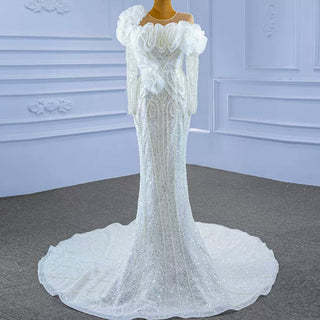 Pearl Beaded Mermaid Ruffle Wedding Dress with Long Sleeve - Rosymae