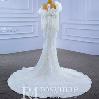 Pearl Beaded Mermaid Ruffle Wedding Dress with Long Sleeve - Rosymae
