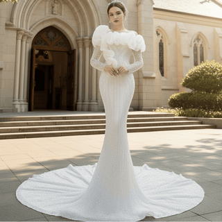 Pearl Beaded Mermaid Ruffle Wedding Dress with Long Sleeve - Rosymae